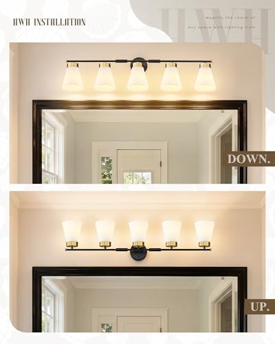 Image of Bathroom Wall Sconces, HWH 5-Light Wall Mount Lighting Fixtures for Mirror, Modern Vanity Lights with Frosted Milk White Striped Glass, Black and Gold Finish, 5HZG97B-5W BK+BG