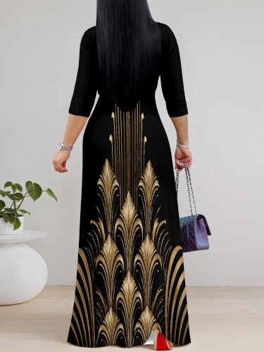 Image of Maxi Dress for Women with Sleeves, Empire Waist Dress | A-line shape, self-tie belt, side pockets and pull-on design; stretch fabric for church, work and casual wear