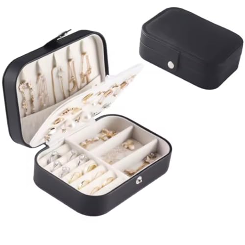 Porta Joias Portátil em Couro com Botão | Organizador Premium para Anéis, Brincos, Colares e Bijuterias | Estojo Compacto para Viagens e Uso Diário com Design Sofisticado e Prático (Rosa) (Preto)