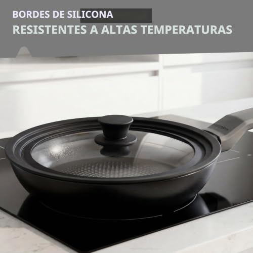 Miniatura 5 de Fackelmann Tapa Sartén Universal De Cristal 24 26 28 Cm, Tapa Antisalpicaduras, Diámetro 29,5 Cm, Borde Silicona Negro, Perilla De Nylon, Válvula De Vapor, Compatible Con Ollas, Sartenes Y Cacerolas