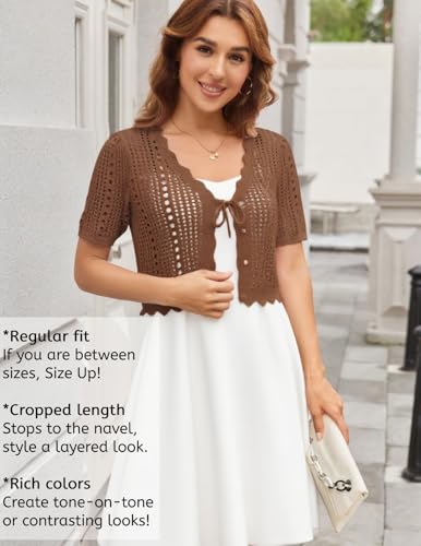 Image of Kate Kasin Women Crochet Shrug Knit Sweater, Short Sleeve Cropped Cardigan | Tie Front Tops Light Weight, Knit Cover Up Arm Bolero For Evening Dresses Dressy Casual, Ladies Eyelet Shawl Thin Formal