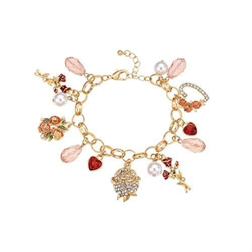 Madison Tyler Valentines Day Charms Gold Plated Rose Bracelet for Women | Pave Rhinestone Heart | Red Rose Imitation Pearl Charms Jewelry for Her | Couples Gifts Valentines Day