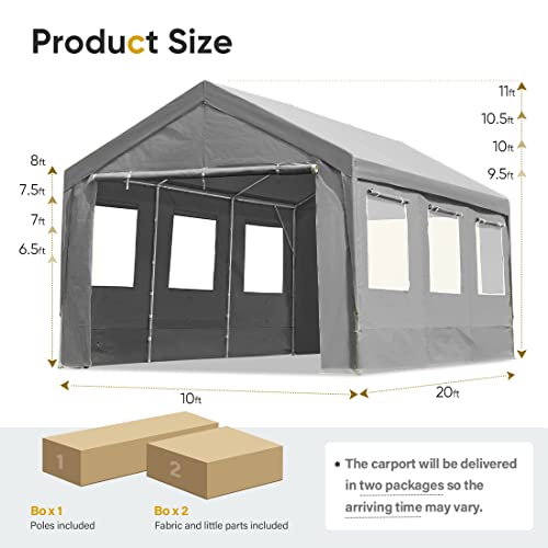 Advance Outdoor 019GY 10'X20' Heavy Duty Adjustable Height Carport With 6 Roll-Up Ventilated Windows & Removable Sidewalls Car Canopy Garage Boat Shelter Party Tent thumb #5