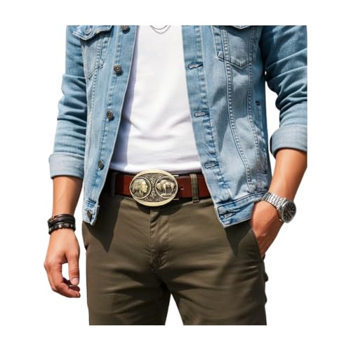 TFJ Men Women Belt Buckle Fashion Dark Gold Metal Bling Buffalo Indian Bull 5 Cents Liberty