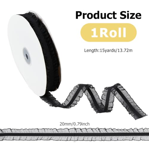 Hobbspring 15 Yards Elastic Stretch Ruffled Trim Black Double Ruffle Lace Trim 3/4 inch(20mm) Wide Fabric Lace Trim Band for Sewing Dress Decoration and Gift Wrapping - Image 2
