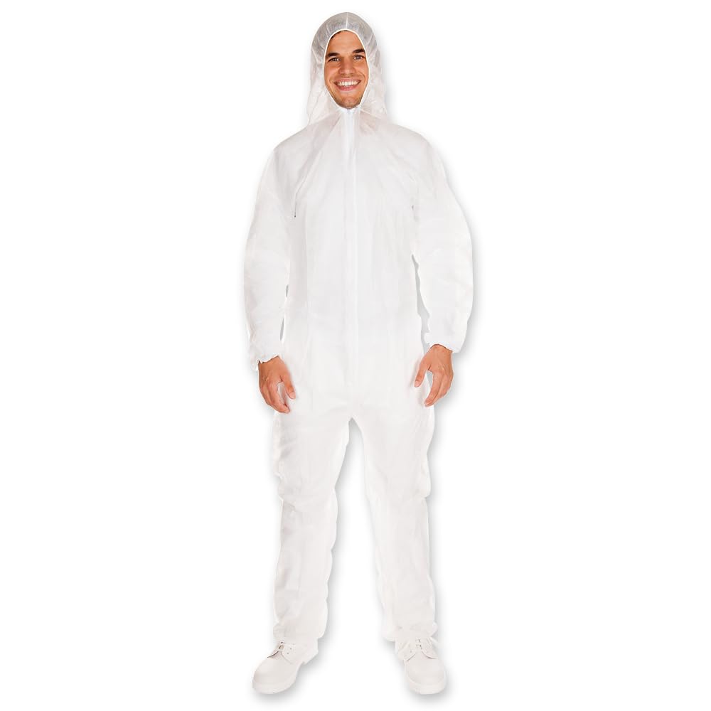 FRANZ MENSCH 50 Stück Hygostar Overalls mit Kapuze | PP, Karton, weiß, XXL, L: 180cm, Umfang: 140cm, Hygienebekleidung, Schutzkleidung, Schutzanzug