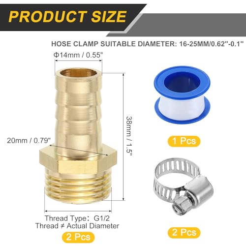 uxcell 2Pcs Brass Hose Barb Fittings, 9/16" Barb x G1/2 Male Thread Hose Connector with Hose Clamps for Water Fuel Gas Oil Transportation and Pipeline Maintenance by uxcell - Used condition - Image 2
