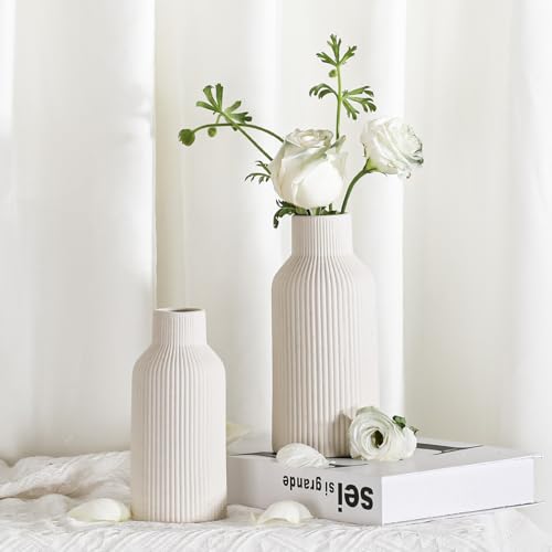 Miniatura 8 de Hanaomaoyi Jarrón Para Hierba De Las Pampas, 20 Cm, Cerámica Negro Mate, Redondo, Diseño Moderno, Bohemio Para Decoración, Flores, Salón, Dormitorio Beige