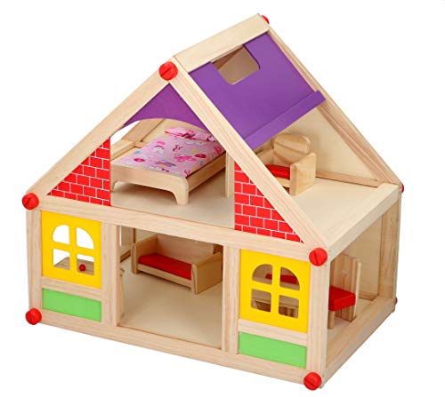 Marionette Wooden Toys – Casa Delle Bambole In Legno Con Mobili E Bambole – 11 Pezzi - 3