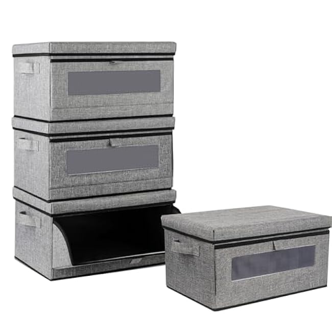 Stackable Storage Bins, 4 Storage Drawers, Drawer Dresser with Front Windows and Carrying Handles, 4 Drawer Organizer with Lid can be Used Independently, for Nursery, Office, Living Room