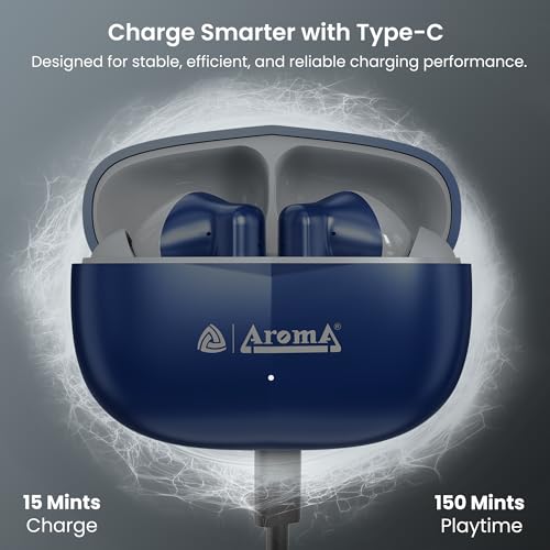 Image of AROMA TWS5 Orbit V5.4 True Wireless Earbuds - Matte Blue & Grey | Up to 55H Playtime, ENC, Fast Charging, Heavy Bass, Bluetooth