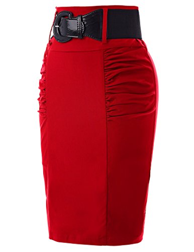 Women Pleated Knee Length Pencil Skirts Red Office Skirts S Kk271-3 #TOP3