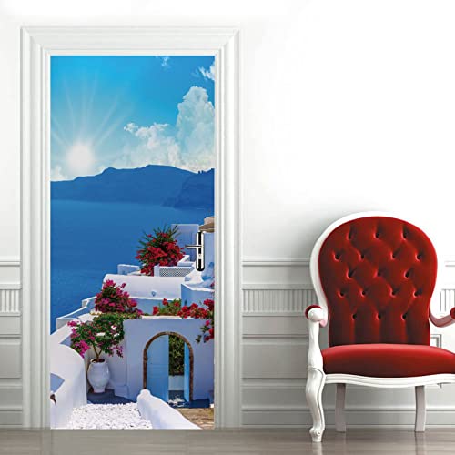 A.Monamour Sticker Porte Autocollant Poster De Porte 3D L'Île De Santorin En Grèce Nature Paysage Vinyle Affiche De Porte Sticker Mural Papier Peint Art Décor 90x200cm