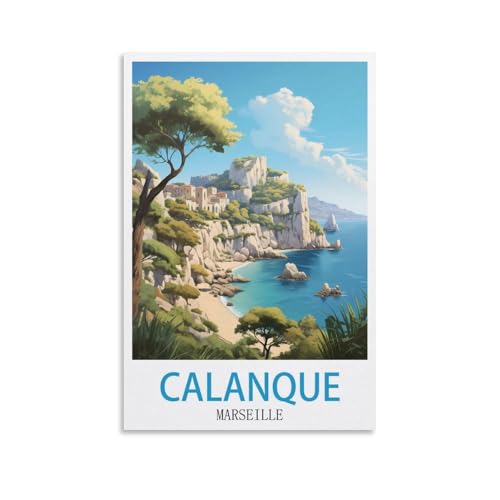 Poster vintage de Calanque Marseille sur toile - Décoration murale moderne pour chambre à coucher - 20 x 30 cm