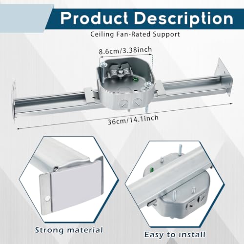 Therwen Adjustable Fan Electrical Box Brace for Ceiling Fans and Light Fixtures Ceiling Fan Mounting Bracket, 14.2 Inches in Length (1 Pcs)