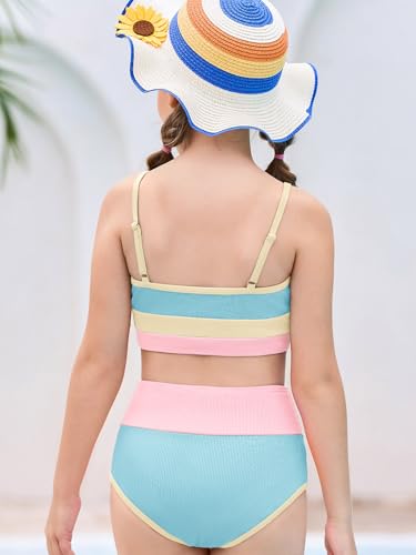 Haloumoning Girls Swimsuits Bikini Set Adjustable Straps Two Piece Color Block Girls' Swimwear with Chest Pad 5-14 Years3