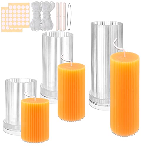 MILIVIXAY 3PCS Stripe Pillar Candle Molds - Plastic Candle Molds for Candle Making-Candle Making Molds-60 ft. of Wick, 50pcs Wick Stickers, 3pcs Wick Holders and 1pc Iron Wire Included as a Gift.