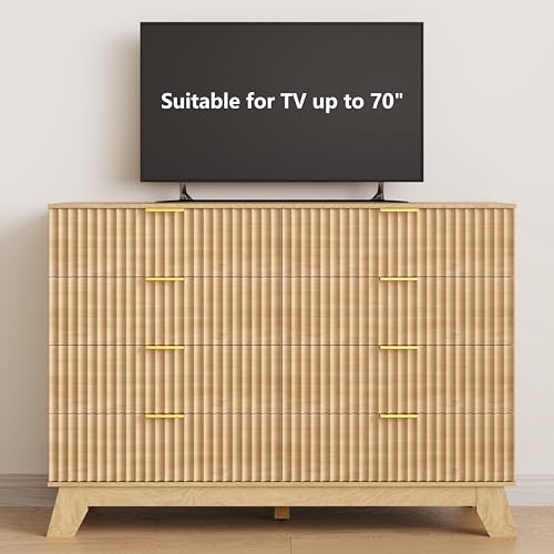 Image of HUANLEGO 48 inch W Tall Fluted Dresser for Bedroom with 8 Drawer, Oak | Mid Century Modern Dresser for Closet, Anti-Tipping Design, Wooden Dressers & Chest of Drawers for Living Room, Home Office