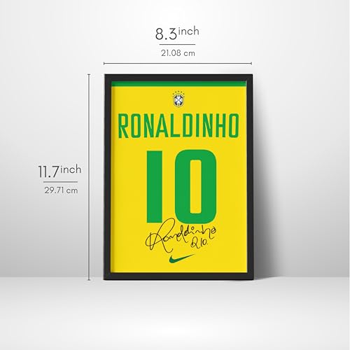Image of Posternet Ronaldinho Inspired Football Jersey Frame Poster | Brazil No. 10 Yellow Green Sports Wall Art | Premium A4 Framed Poster for Bedroom, Living Room, Office, Gym | Football Fan Gift & Room Decor (8.3 x 11.7 Inch)