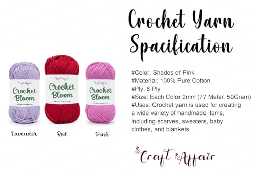 Image of Craft Affair | Crochet Bloom Cotton Yarn 8ply (Each Color 2mm, 77Meter, 50Gram) 100% Pure Cotton | for Knitting Yarn | Craft & DIY Project: Off White, Red, Pink