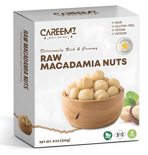 CAREEMZ Raw Macadamia Nuts, Malawi’s Finest, Gourmet Snack, 8oz. (225g) Pack Size, Gluten-free, Vegan, Kosher, Nutritious Keto Friendly, Vacuum Sealed for Freshness, Recyclable Box Packaging
