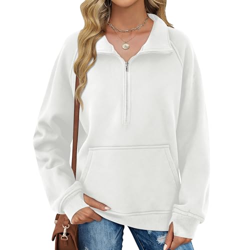 Elesomo Womens Sweatshirts Half Zip Pullover Fall Long Sleeve Quarter Zip Hoodies Clothes, White S