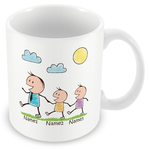 Image of MUGGZ Personalised Daddy Mug with 2 Kids – Custom Names – Cute Dad and Children Stick Figure Design Gift for Dads