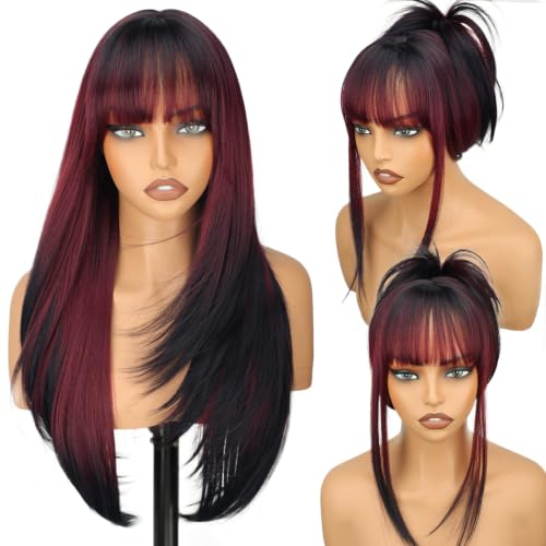 Eawwii Wig with Bangs, BurgundyBlack 26 Inch Synthetic, 4x4 Realistic Scalp