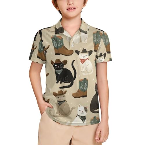 Boys' Classic Polo Shirts Short Sleeve Moisture-Wicking Golf & Tennis Shirts for Youth Teens Western Cowboy Cat