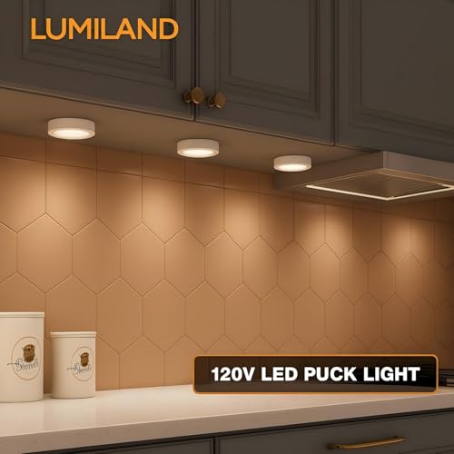 LUMILAND Wired LED Puck Lights (2.7Wx5) Plug-in Lighting Natural White (4000K), LED Cabinet Light for Kitchen Can Be Surface Mount or Recess Mount, White - Thumbnail 3