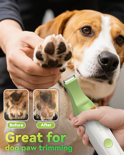 Image of unibono Dog Grooming Kit with Paw Trimmer, All-in-One Low Noise Electric Rechargeable Small Quiet Pet Clippers Foot Dog Hair Shaver with Stainless Steel Scissors and Comb for Dogs at Home (Green)