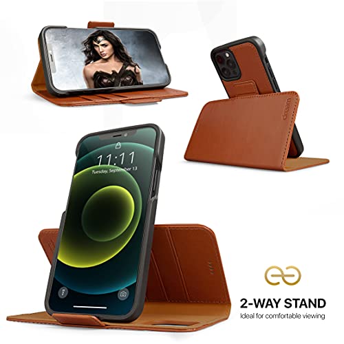 Image of dreem Fibonacci 2-in-1 Wallet Case for Apple iPhone 12 Pro Max - Luxury Vegan Leather, Magnetic Detachable Shockproof Phone Case, RFID Card Protection, 2-Way Flip Stand - Caramel