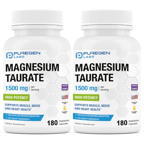 Puregen Labs Magnesium Taurate 1500mg per Serving [High Potency] Total 360 Veggie Caps, Chelated for Superior Absorption, Non-GMO, NO Gluten and Dairy | Made in USA