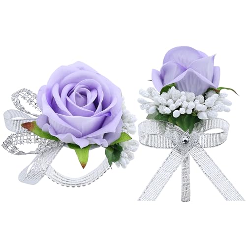 WGBBDG 2Pcs Purple Rose Corsage and Men Boutonniere Set Women Wristlet Band Wrist Bracelets for Prom Wedding Ceremony Flowers Decorations and Homecoming Party Accessories