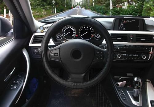 Valleycomfy Universal 15-Inch Genuine Leather Steering Wheel Cover - Breathable, Anti-Slip, Odor-Free (Black with Black Lines)