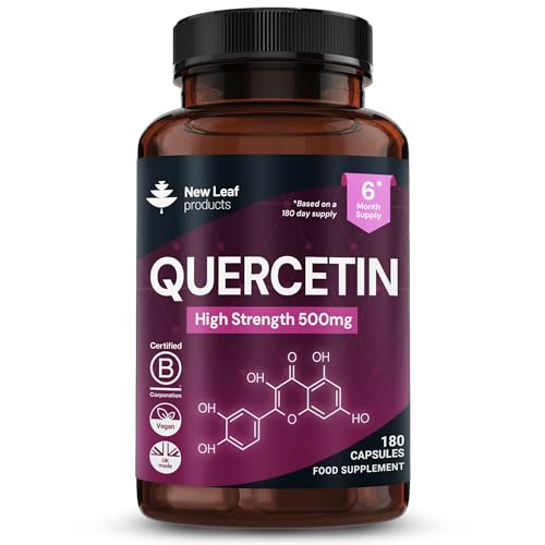 Quercetin 500mg High Strength Antioxidant Supplements (6 Months Supply) 180 Vegan Pure Quercetin Capsules Easy to Swallow - One A Day - Gluten Free & Non-GMO Made in UK by New Leaf