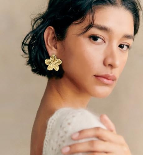 Big Gold Statement Earrings for Women Trendy, Chunky Unique Leaf Dangle Earrings, Fashion Gold Large Flower Earrings Jewelry2