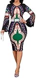 African Tribal Print Patchwork Black Dress for Women Bell Long Sleeve Casual Bodycon Pencil Dresses with Zipper