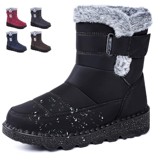 Winter Boots for Women Wide Fit, Ladies Waterproof Mid Calf Snow Boots with Warm Fur Lined Non-Slip Outdoor Ankle Booties Shoes for Walking (7,Black)