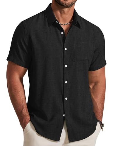 COOFANDY Mens Short Sleeve Casual Shirts Button Down Linen Shirts Short Sleeve Casual Shirts Black