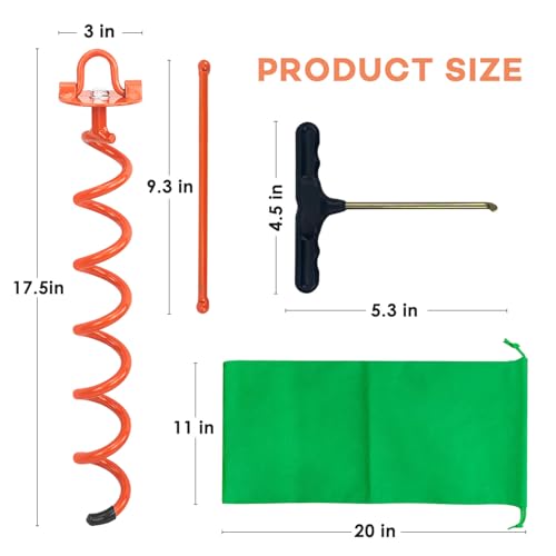 MIXXIDEA Gound Anchors Screw in, Metal Spiral Earth Anchors Kit, Heavy Duty Folding Ring Spiral Stake with Straps, Ground Stakes for Tent (Orange, 17.5 Inch)