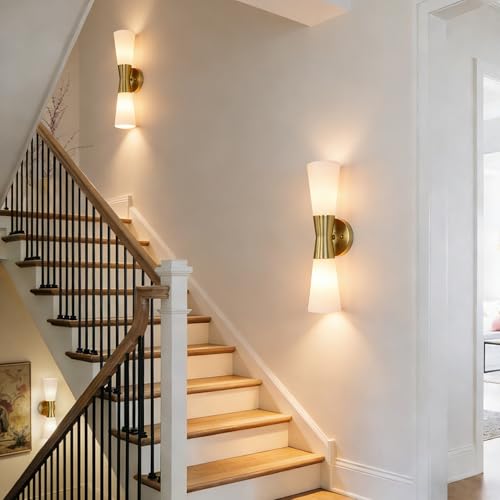 Image of Bathroom Wall Sconce, Modern Indoor Vanity Light Fixtures 17 inch, Up Down Lighting, Wall Mount Lamp for Living Room Bedroom Hallway Stairway Fireplace Mirror E26 Base 1PC White&Gold