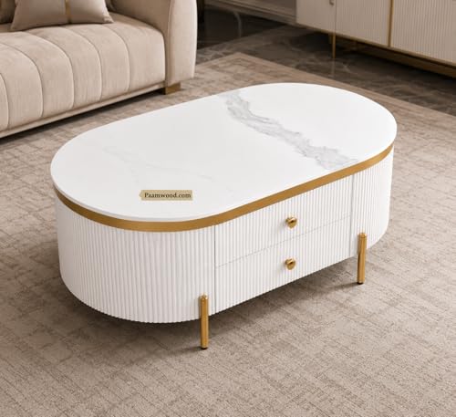 Image of Tesla Centre Table, 42x24x18 Inch, Nano Composite White Marble Top, Gold Accents, 2-Drawer Storage, Oval Design, Waterproof Plywood, PVD Legs, Modern Coffee Table for Living /Entryway
