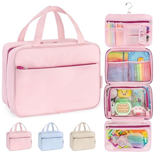 Kids Travel Organizer Multi-Compartment Water-Resistant Hanging Bag for Toys Snacks & Activities - Compact Lightweight Design with Hook & Carry Handle - Perfect for Travel Use (Pink Large)