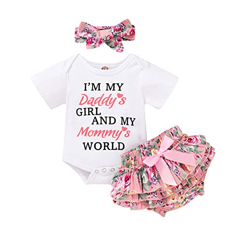 Newborn Baby Girl Outfits Short Sleeve Romper Jumpsuit Bodysuit +Floral Pants Shorts+Headband Summer Clothes Set (White, 0-3 Months)