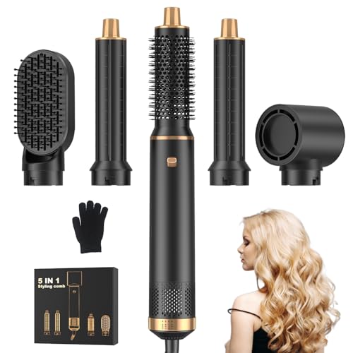 JINYAWA Cepillo Secador de Pelo, cepillo moldeador de pelo, cepillo alisador pelo, 5 Cabezales, Cepillo de Aire Caliente, Iones Rizador, 800W, Elimina el Frizz, 3 Temperaturas,para Seca Alisa Volumen