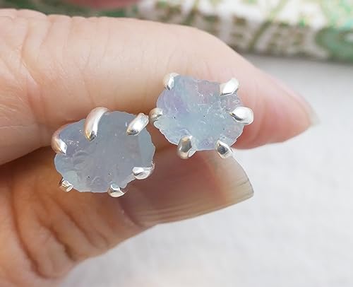 Raw Aquamarine 6-8mm Sterling Silver Stud Earrings for Women - Hypoallergenic Handmade Blue Gemstone Gem Birthstone Jewelry - Birthday Gift Ideas for Women -Valentine's Day Gift (sterling-silver)2