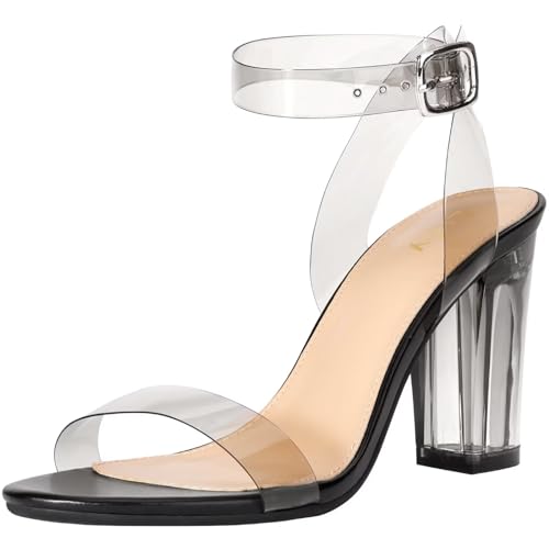 Image of ZriEy Clear Block Sandals Chunky Heels for Women 3.35 Inch Open Toe Adjustable Ankle Strap Pump Sandals for Weddings Parties Daily Wear