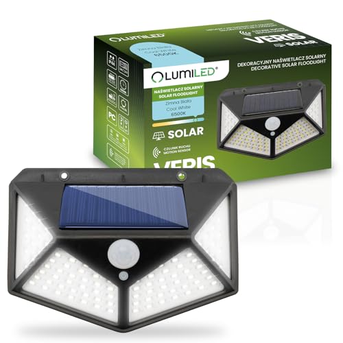 Lumiled Solarlampe für Außen mit Bewegungsmelder 100 LED 3 Modi 6500K Solar Aussen IP44 wasserdicht Solarlicht Solarleuchte für Garten Sicherheitswandleuchte Wandlampe