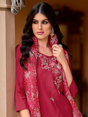 Image of INDO ERA Women's Embroidered Silk Blend Calf Length Straight Kurta Trouser With Dupatta Set (IEOUT7589)